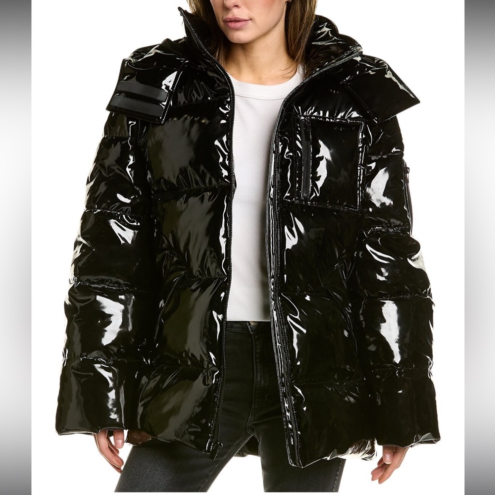 The Kooples BLACK OVERSIZED VINYL DOWN JACKET WITH STRAPS AND LOGO